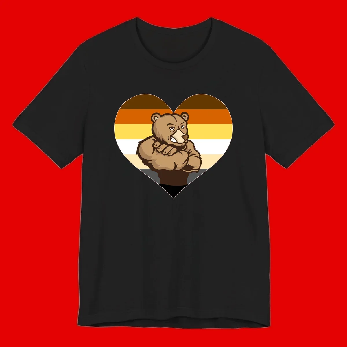 Muscular cartoon bear centered in heart shape with brown, orange, yellow, white, and tan horizontal stripes representing the bear pride flag