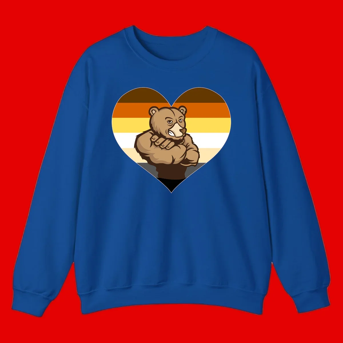 Muscular cartoon bear centered in heart shape with brown, orange, yellow, white, and tan horizontal stripes representing the bear pride flag