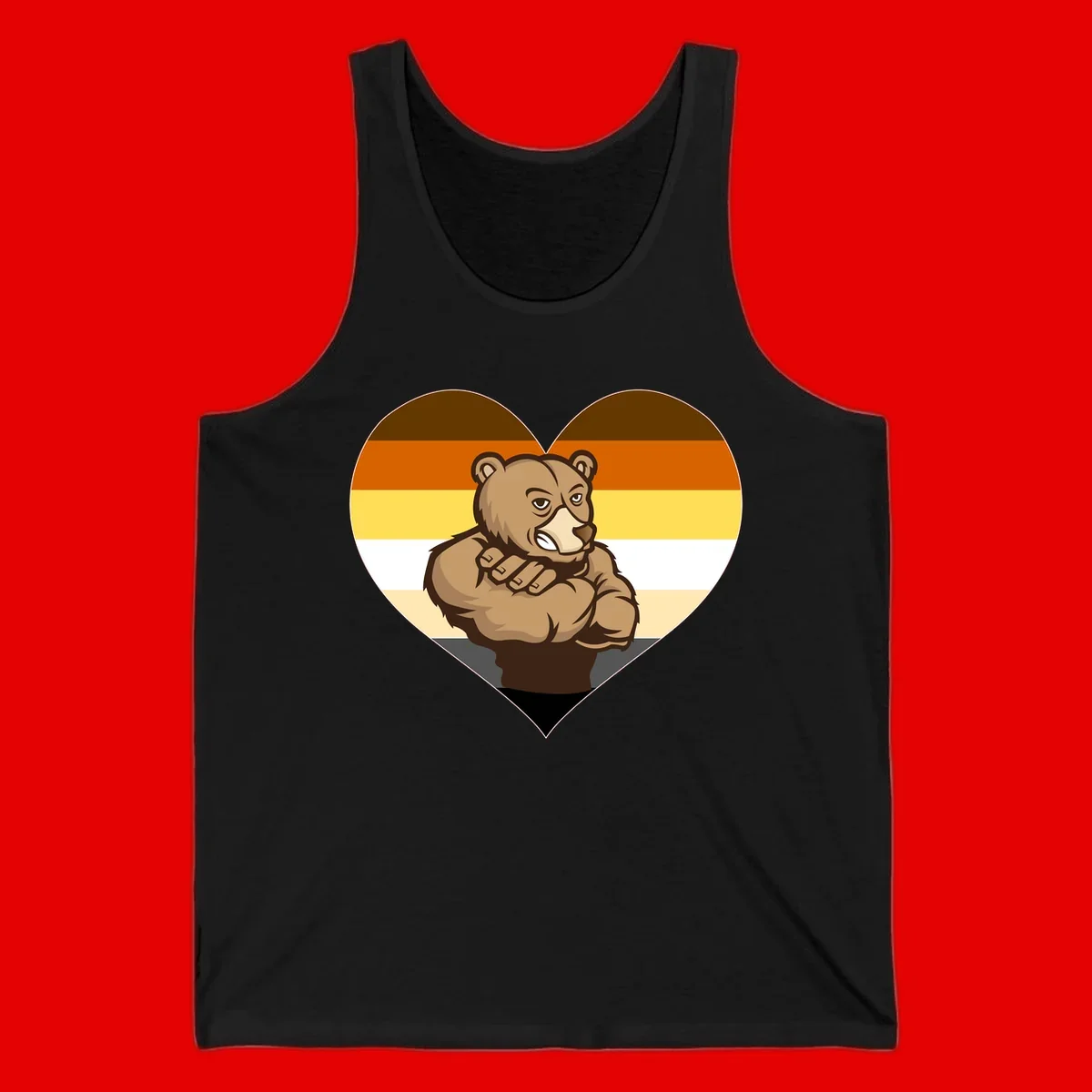 Muscular cartoon bear centered in heart shape with brown, orange, yellow, white, and tan horizontal stripes representing the bear pride flag