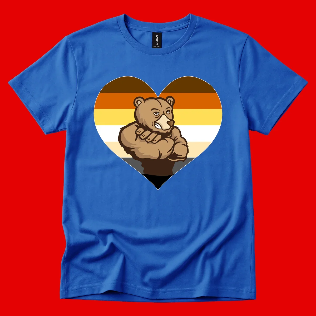 Muscular cartoon bear centered in heart shape with brown, orange, yellow, white, and tan horizontal stripes representing the bear pride flag