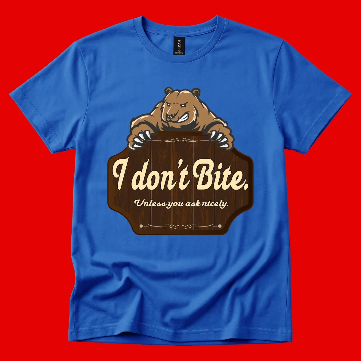 Brown grizzly bear grinning mischievously while holding a wooden sign reading 'I don't Bite. Unless you ask nicely' with decorative vintage styling