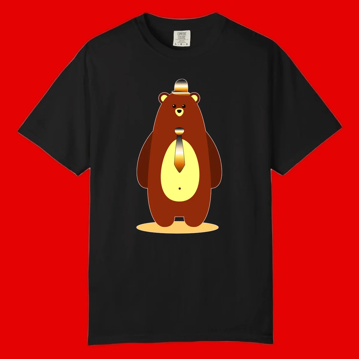 Illustration of a dapper-bear-formal in brown with golden top hat and matching tie, featuring a friendly expression and cream belly patch