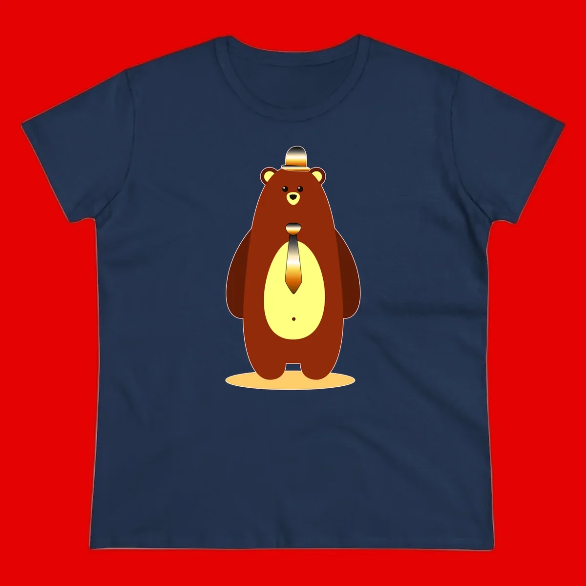 Illustration of a dapper-bear-formal in brown with golden top hat and matching tie, featuring a friendly expression and cream belly patch