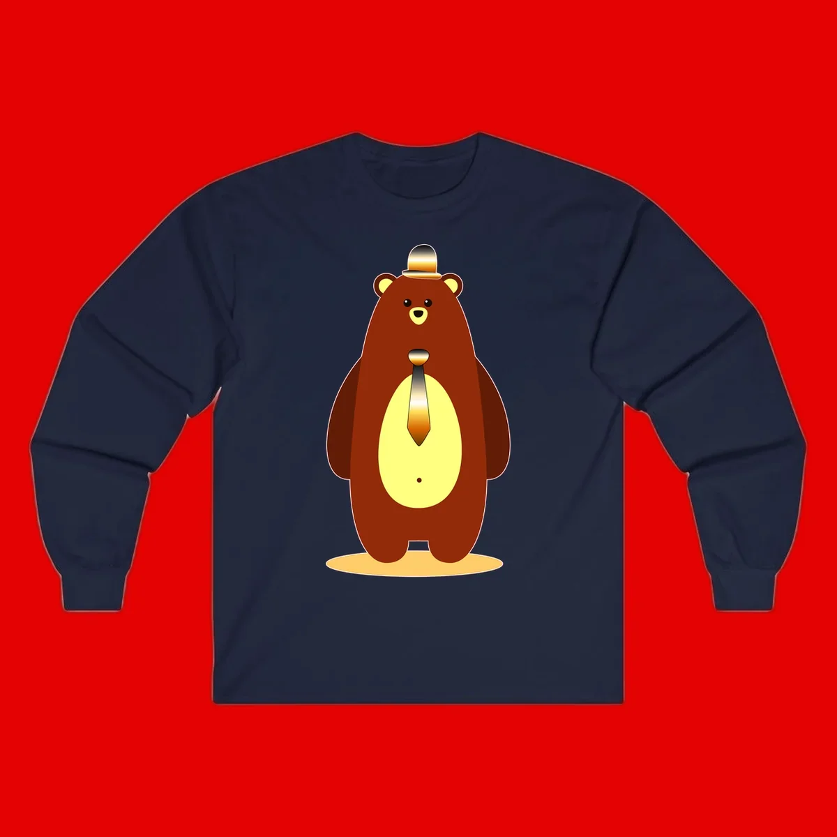 Illustration of a dapper-bear-formal in brown with golden top hat and matching tie, featuring a friendly expression and cream belly patch