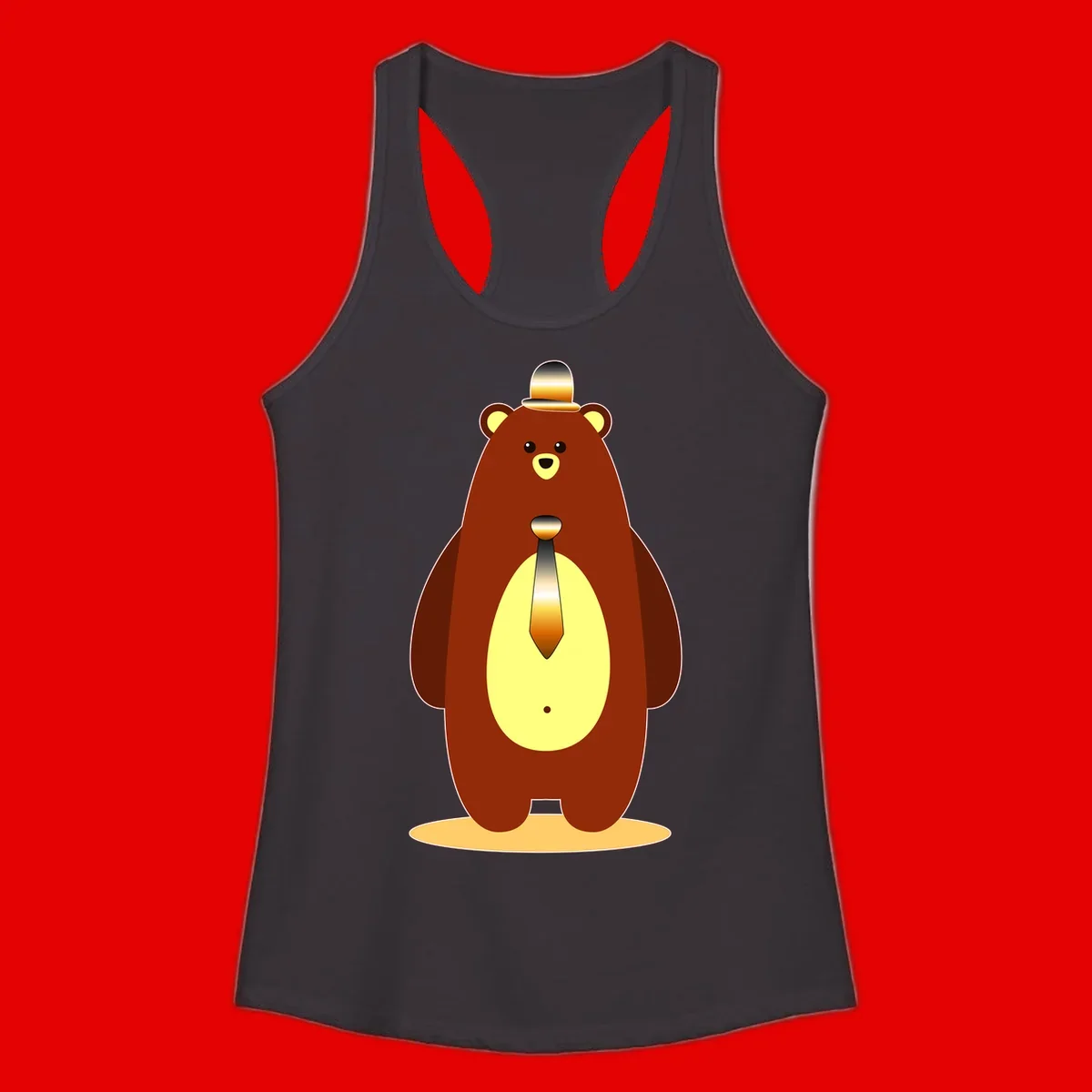 Illustration of a dapper-bear-formal in brown with golden top hat and matching tie, featuring a friendly expression and cream belly patch