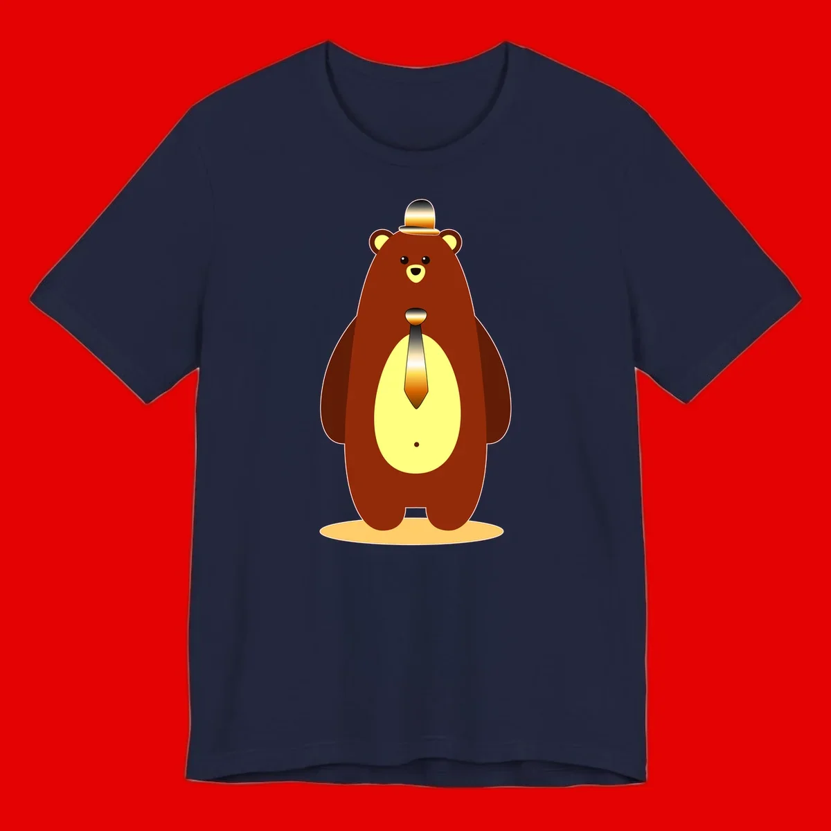 Illustration of a dapper-bear-formal in brown with golden top hat and matching tie, featuring a friendly expression and cream belly patch