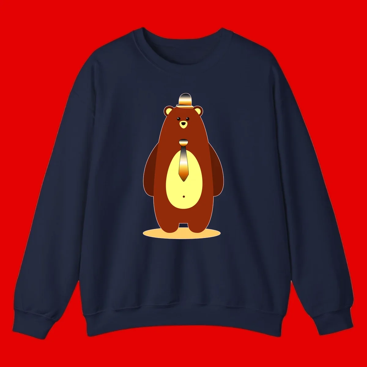 Illustration of a dapper-bear-formal in brown with golden top hat and matching tie, featuring a friendly expression and cream belly patch