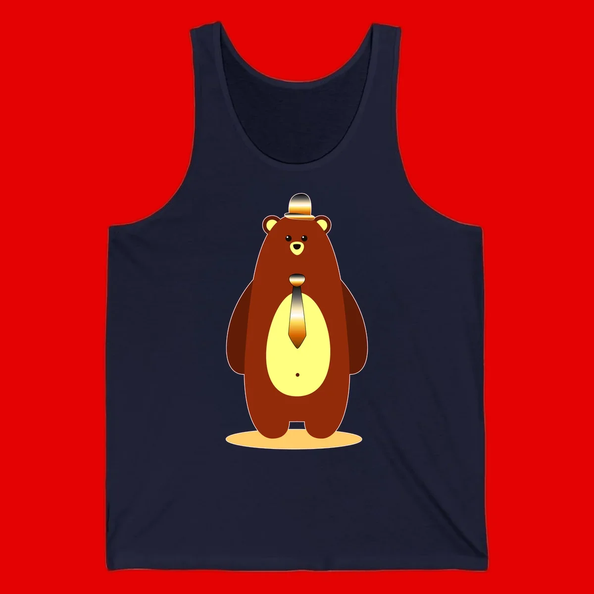 Illustration of a dapper-bear-formal in brown with golden top hat and matching tie, featuring a friendly expression and cream belly patch
