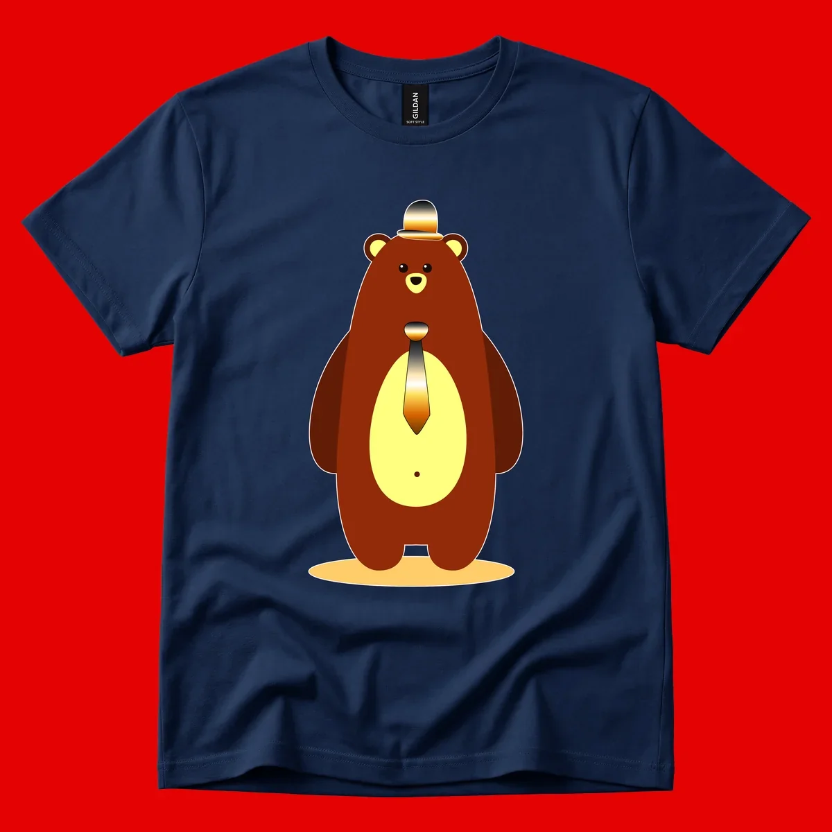 Illustration of a dapper-bear-formal in brown with golden top hat and matching tie, featuring a friendly expression and cream belly patch