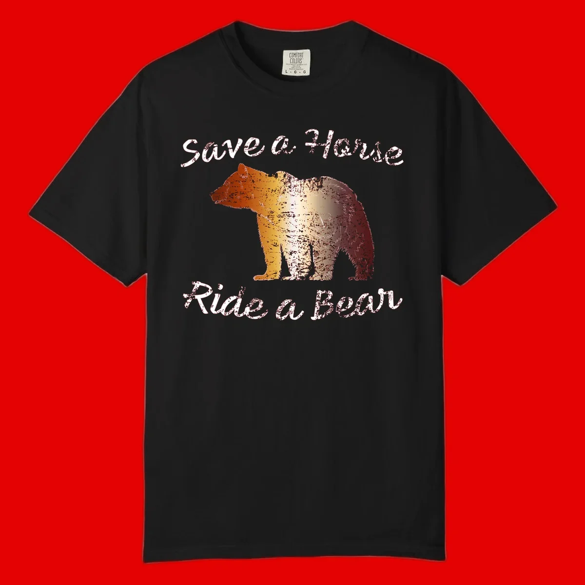 Distressed grunge bear illustration in orange and yellow with 'Save a Bear' text for wildlife conservation awareness