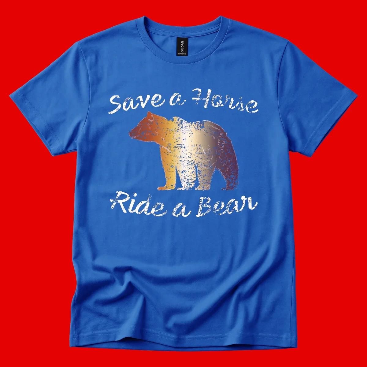 Distressed grunge bear illustration in orange and yellow with 'Save a Bear' text for wildlife conservation awareness
