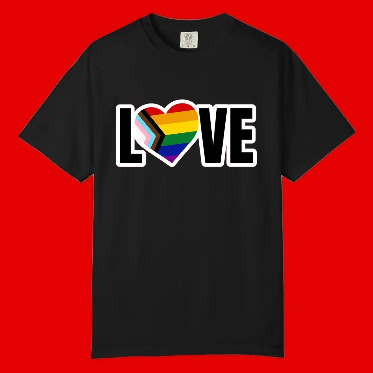 Love is love pride design featuring large black text with a rainbow heart containing the progress pride flag chevron stripes