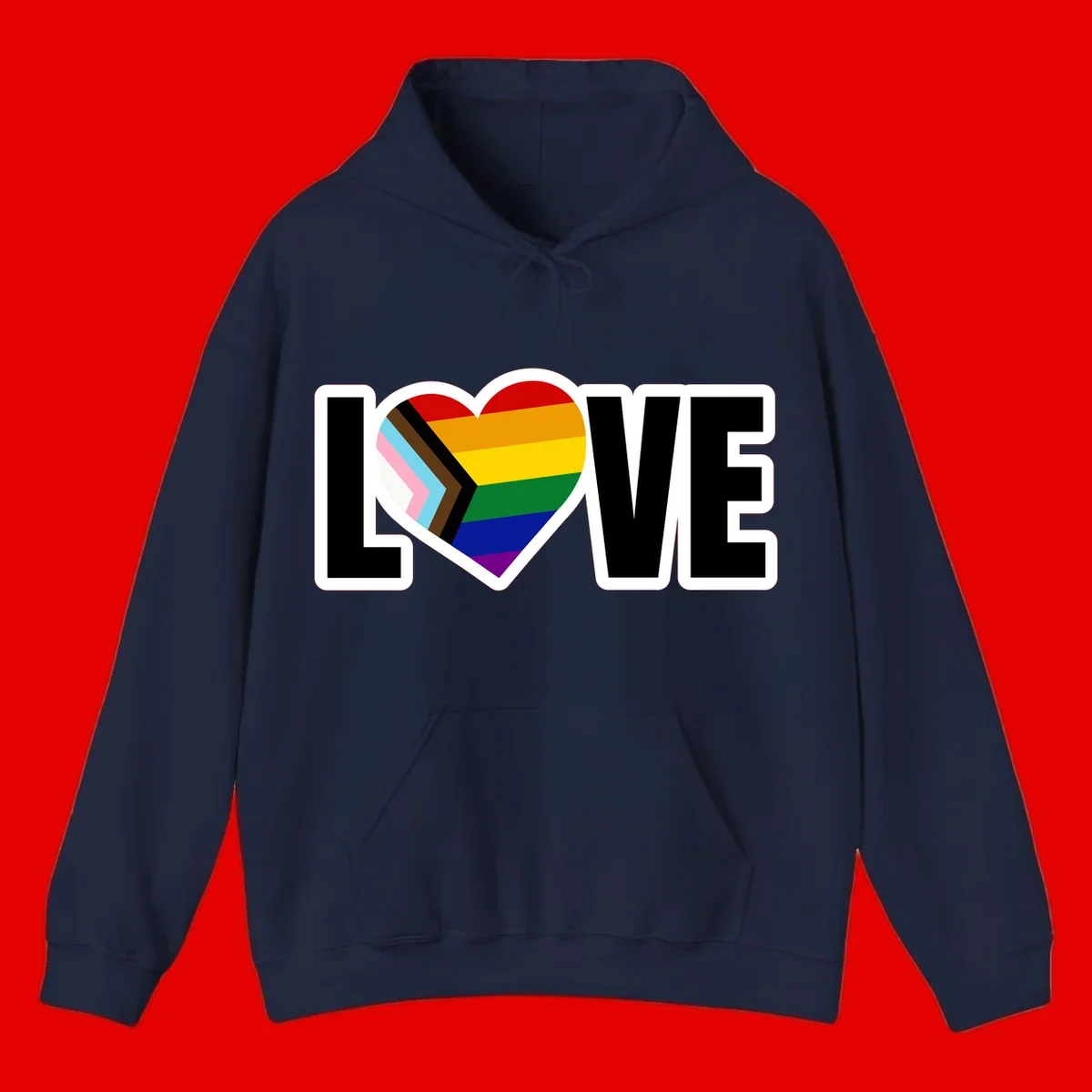 Love is love pride design featuring large black text with a rainbow heart containing the progress pride flag chevron stripes