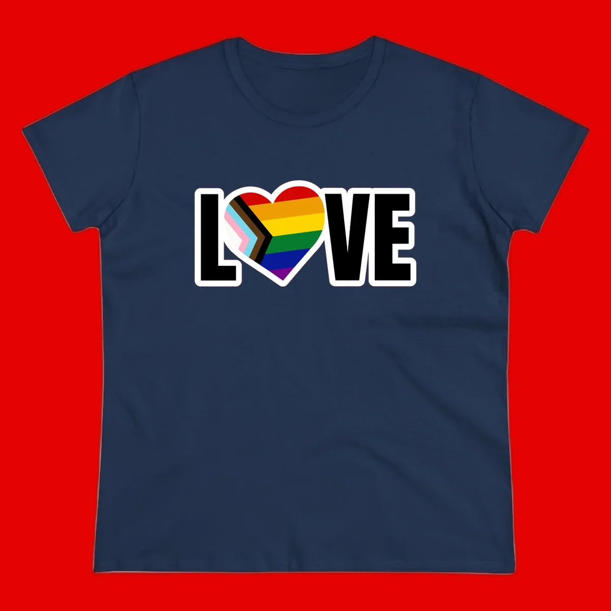 Love is love pride design featuring large black text with a rainbow heart containing the progress pride flag chevron stripes