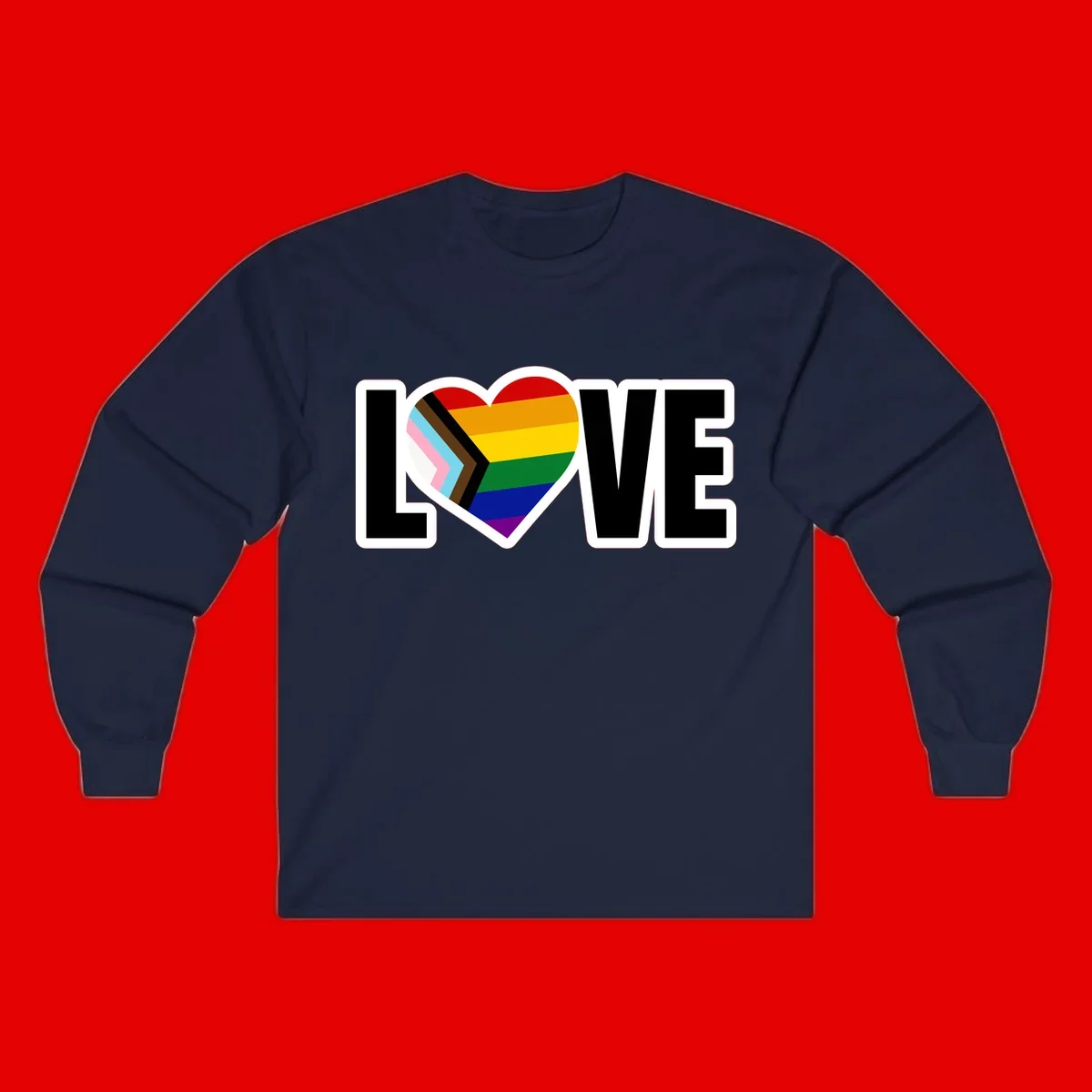 Love is love pride design featuring large black text with a rainbow heart containing the progress pride flag chevron stripes