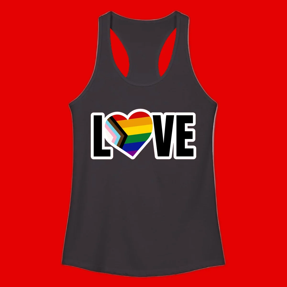 Love is love pride design featuring large black text with a rainbow heart containing the progress pride flag chevron stripes