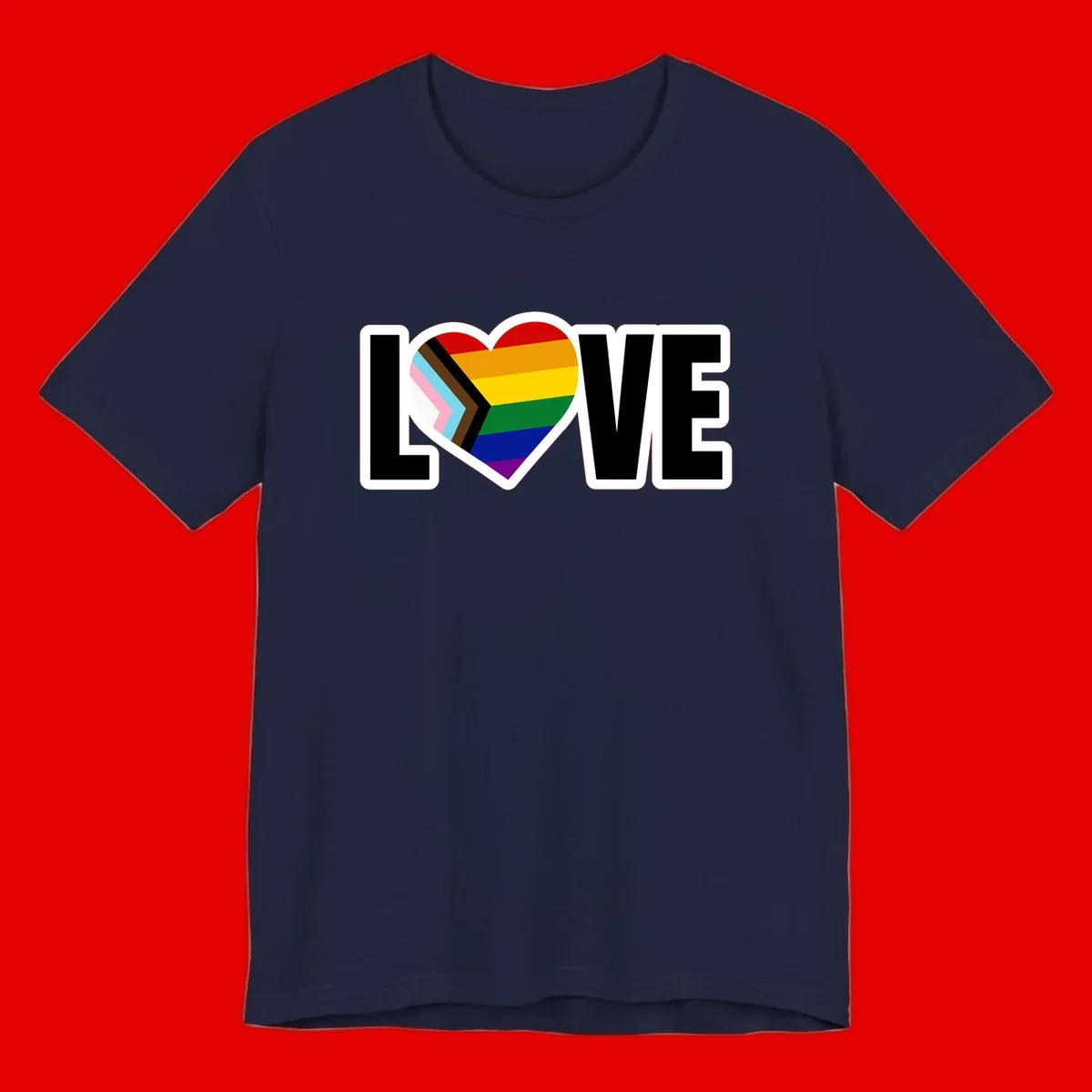 Love is love pride design featuring large black text with a rainbow heart containing the progress pride flag chevron stripes