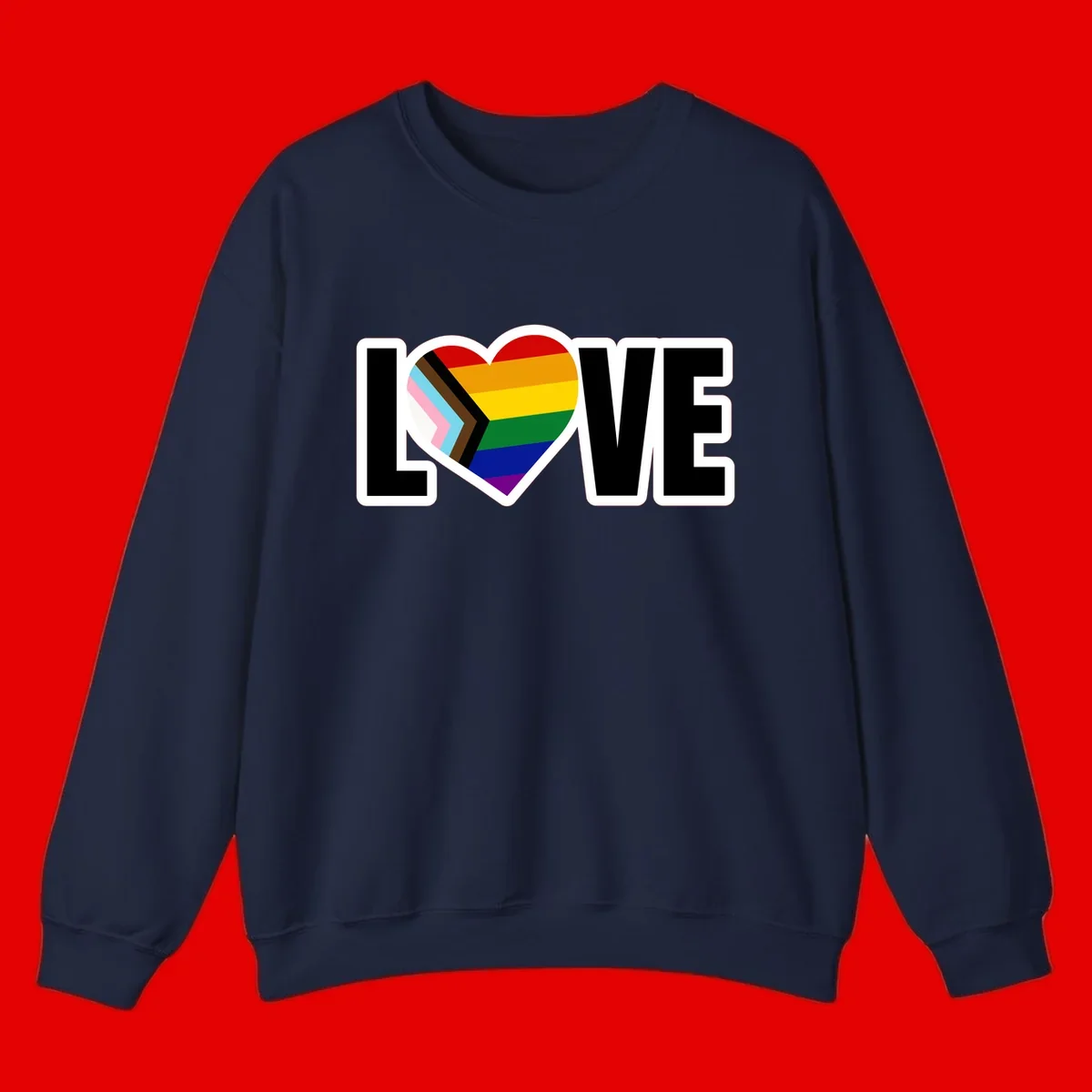 Love is love pride design featuring large black text with a rainbow heart containing the progress pride flag chevron stripes