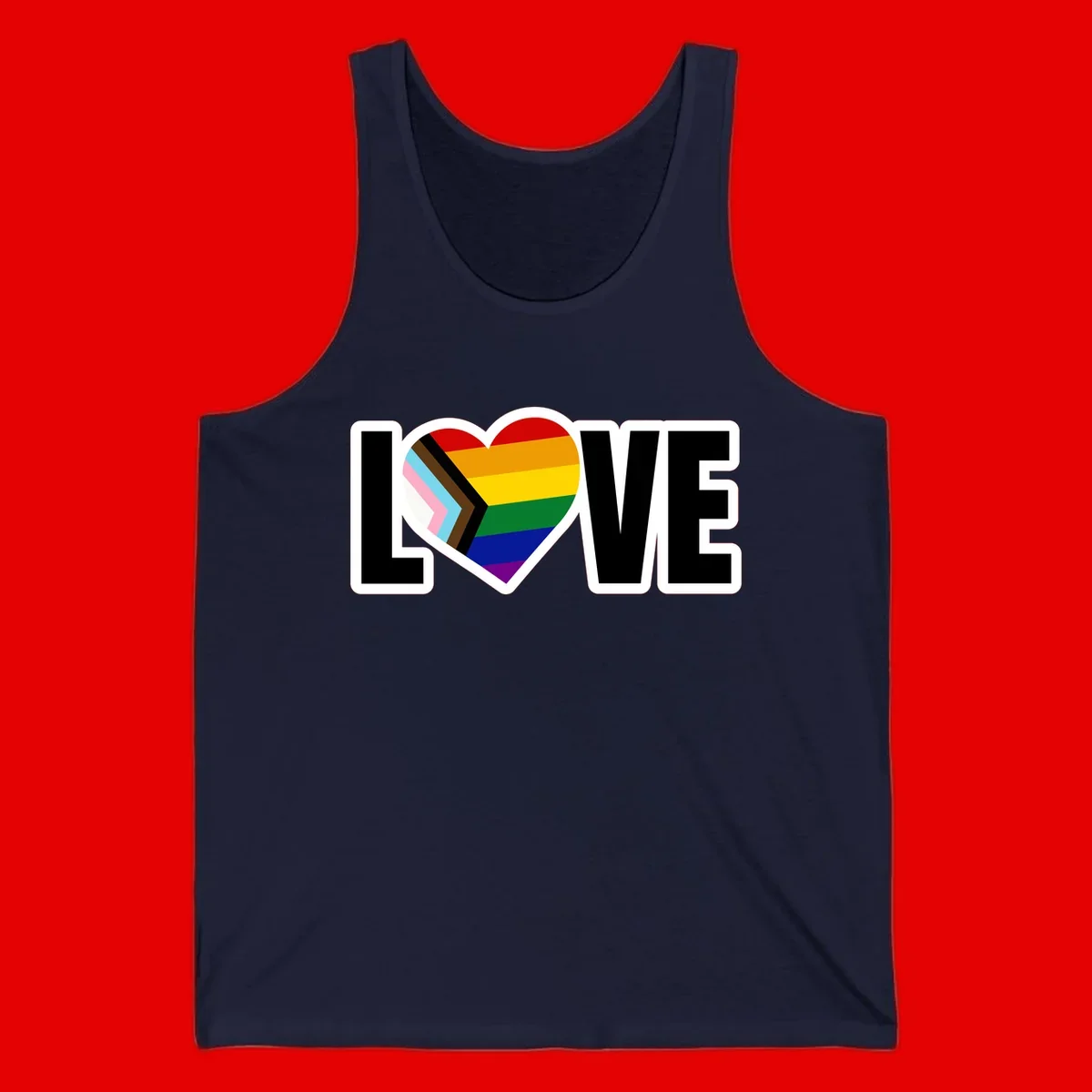 Love is love pride design featuring large black text with a rainbow heart containing the progress pride flag chevron stripes