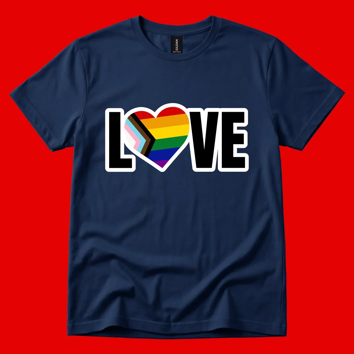 Love is love pride design featuring large black text with a rainbow heart containing the progress pride flag chevron stripes
