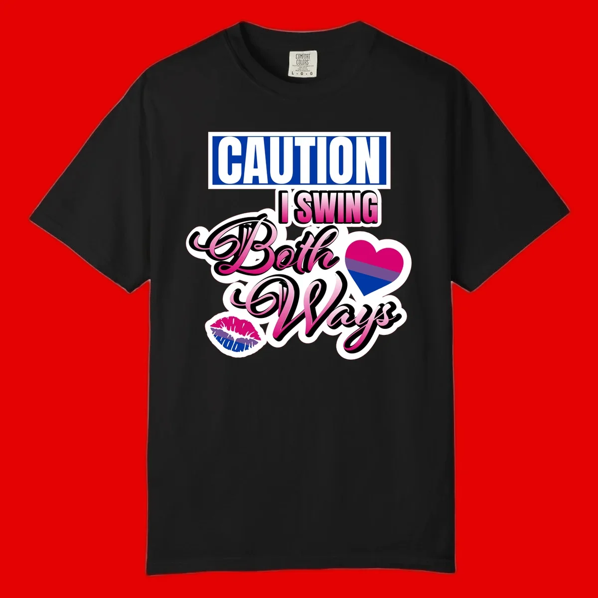 Caution swing both ways design with bisexual flag heart and lip print, blue caution banner with pink text on white background