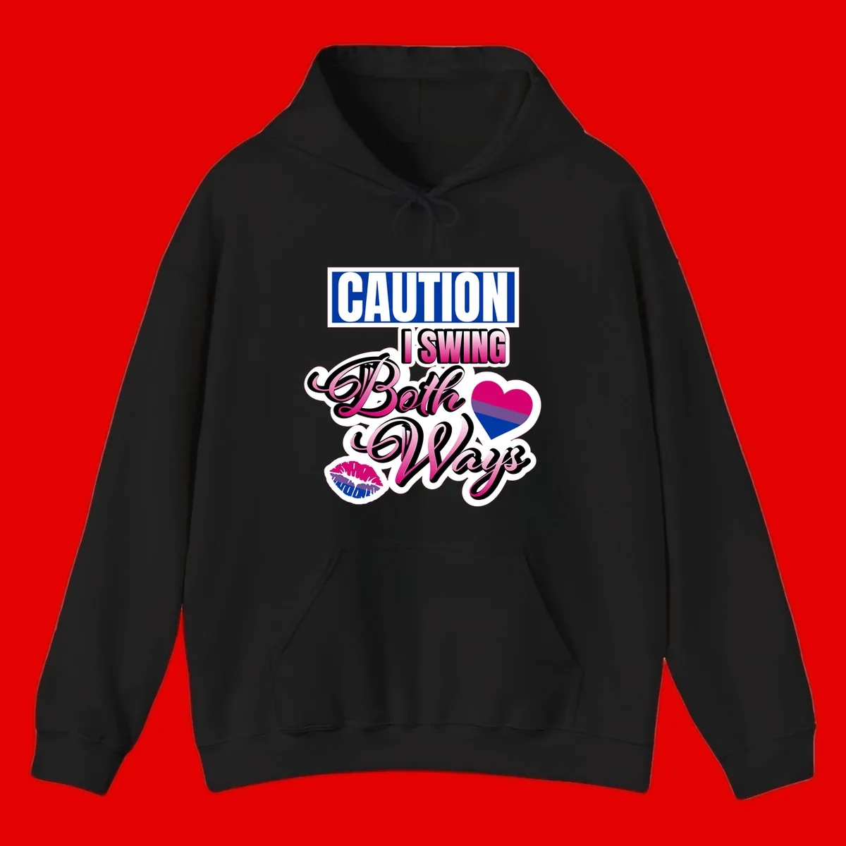 Caution swing both ways design with bisexual flag heart and lip print, blue caution banner with pink text on white background