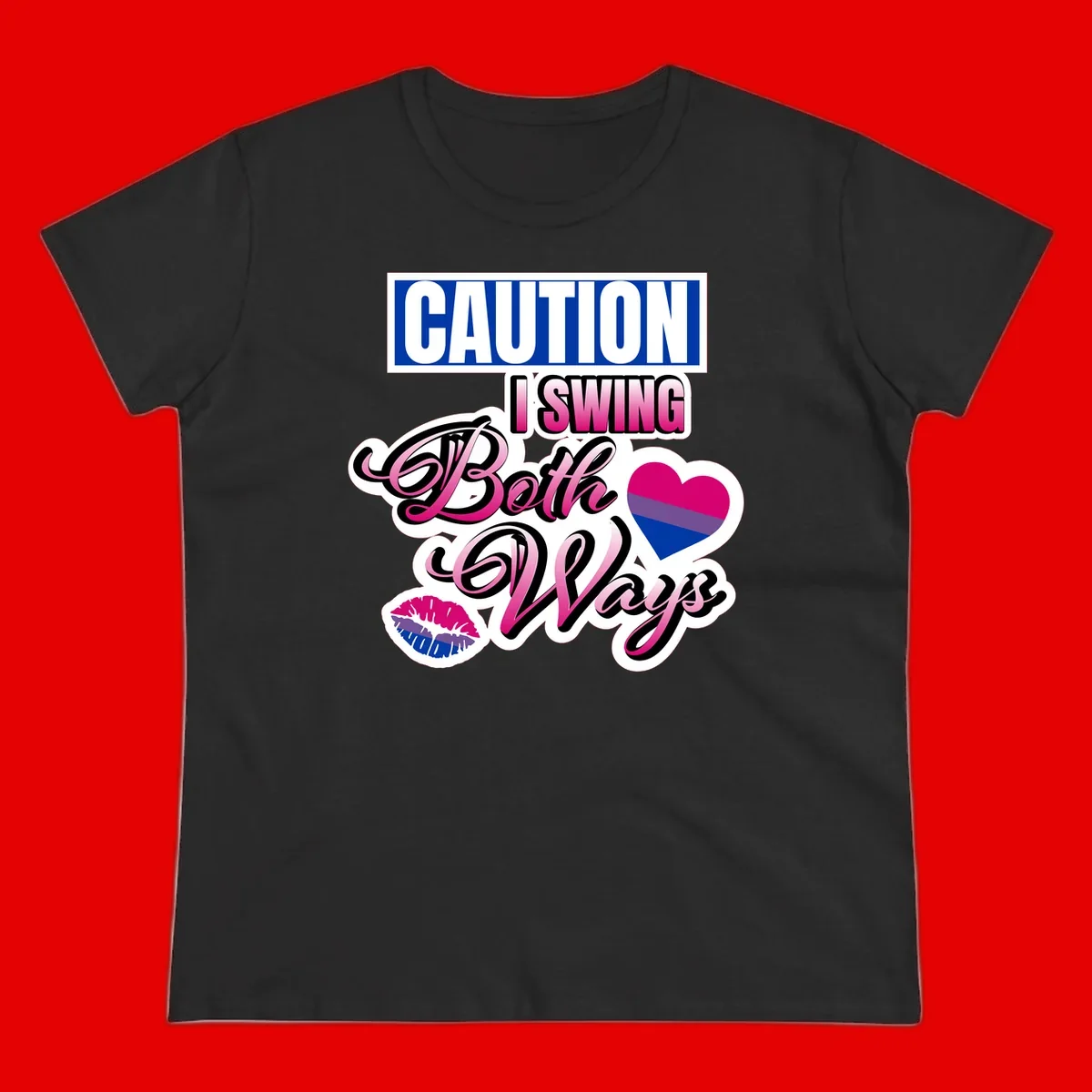 Caution swing both ways design with bisexual flag heart and lip print, blue caution banner with pink text on white background