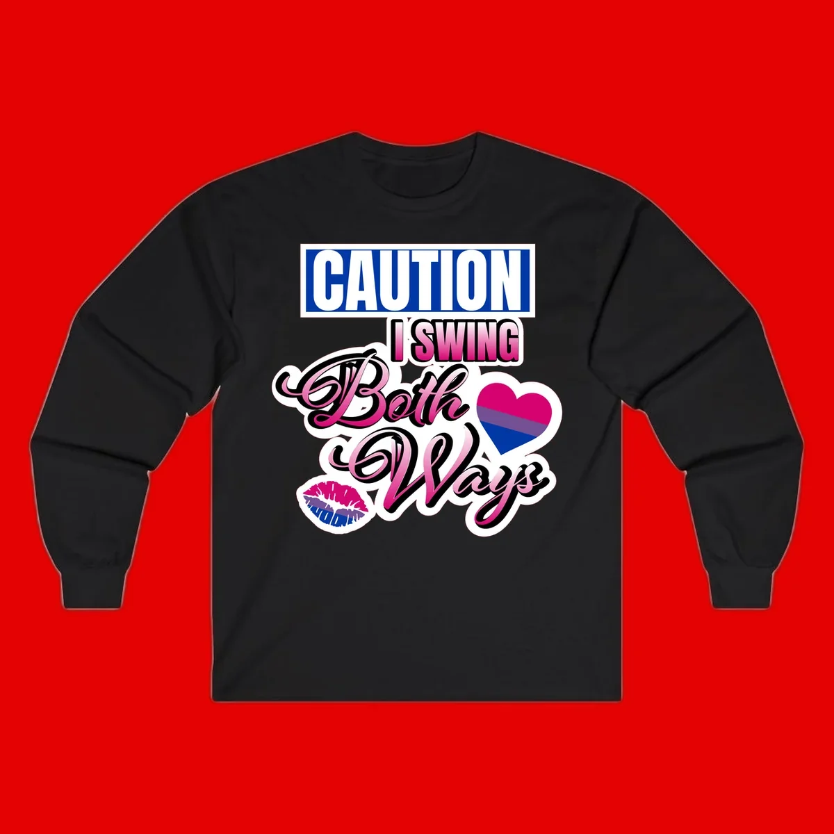 Caution swing both ways design with bisexual flag heart and lip print, blue caution banner with pink text on white background