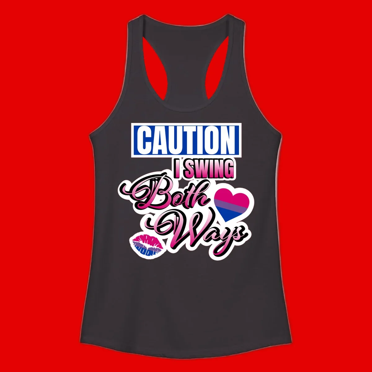 Caution swing both ways design with bisexual flag heart and lip print, blue caution banner with pink text on white background