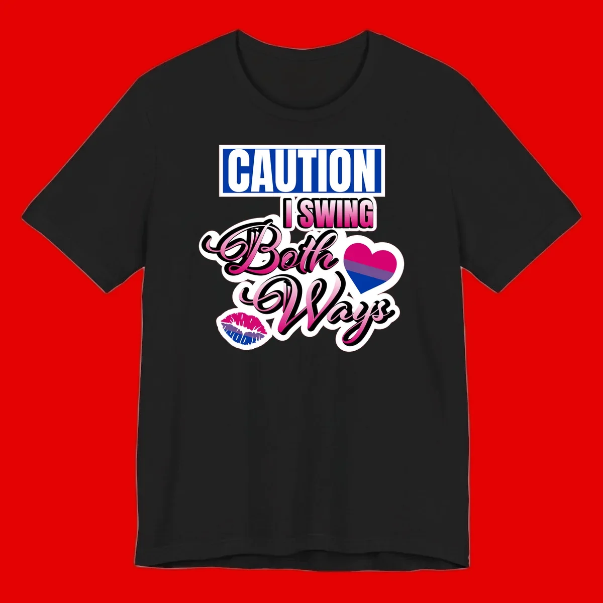 Caution swing both ways design with bisexual flag heart and lip print, blue caution banner with pink text on white background