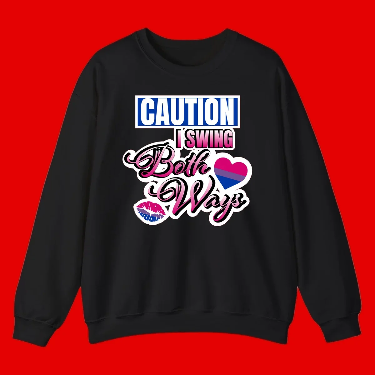 Caution swing both ways design with bisexual flag heart and lip print, blue caution banner with pink text on white background