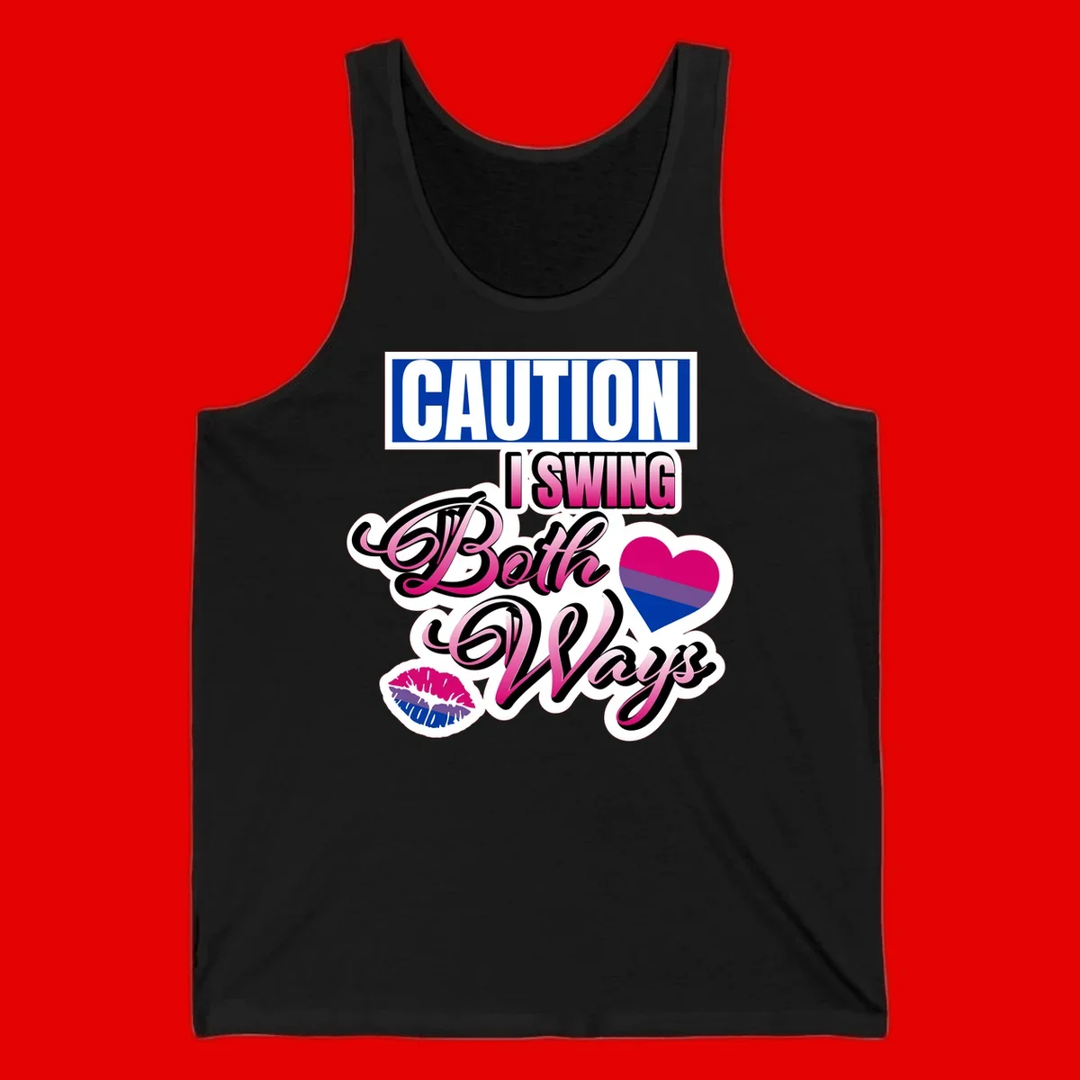 Caution swing both ways design with bisexual flag heart and lip print, blue caution banner with pink text on white background