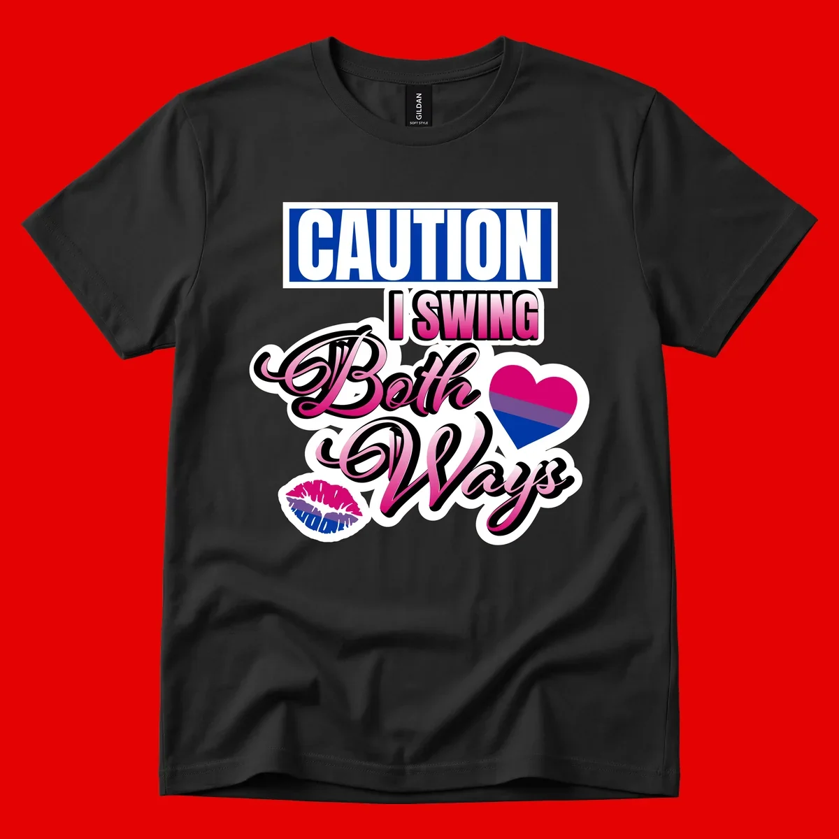 Caution swing both ways design with bisexual flag heart and lip print, blue caution banner with pink text on white background
