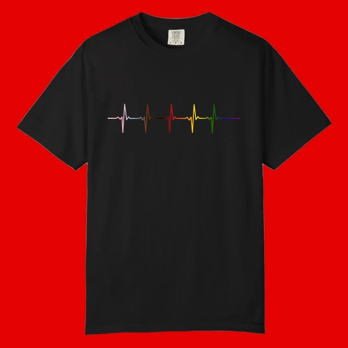 Rainbow heartbeat EKG waveform with each pulse peak in different pride colors including pink, red, yellow, green, and blue