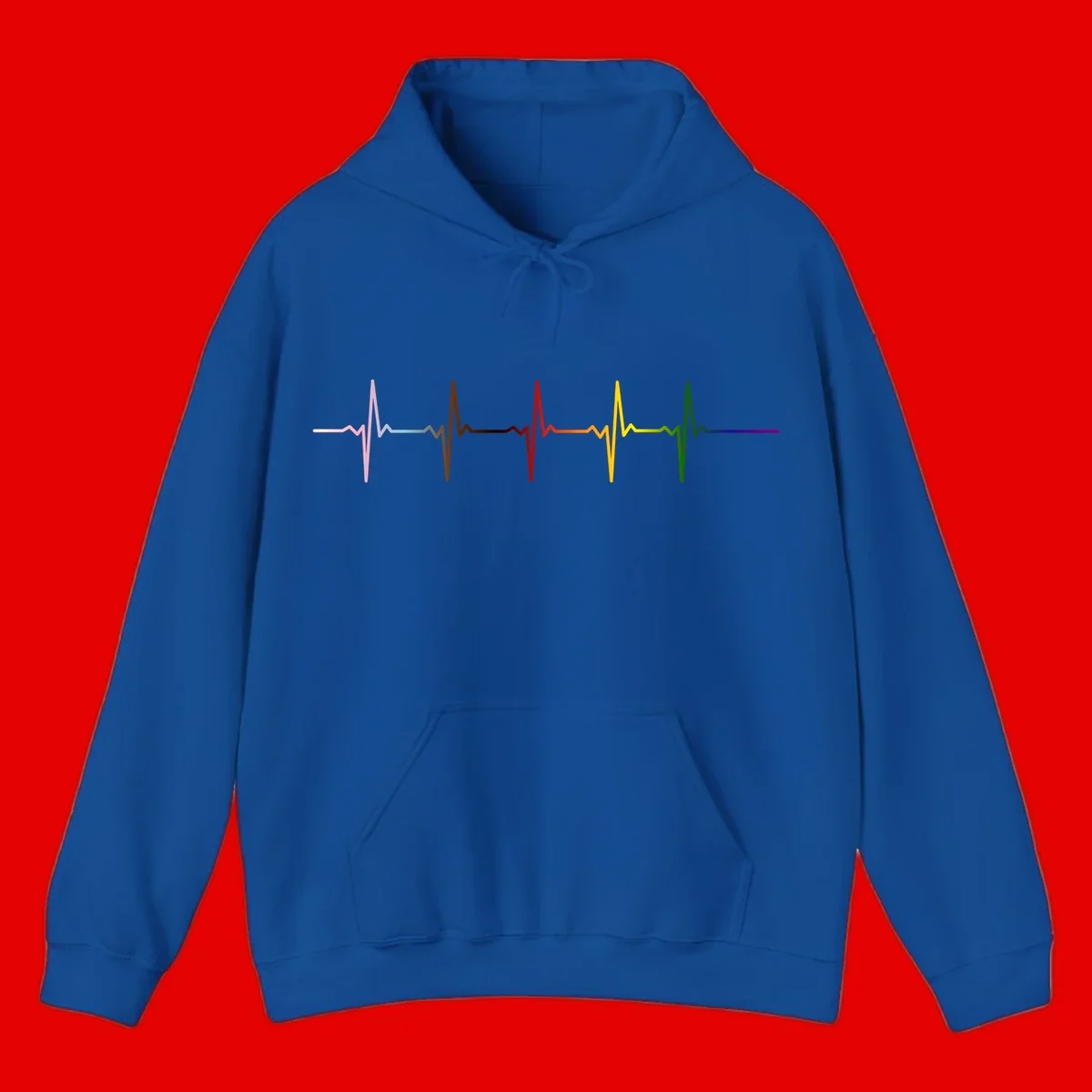 Rainbow heartbeat EKG waveform with each pulse peak in different pride colors including pink, red, yellow, green, and blue