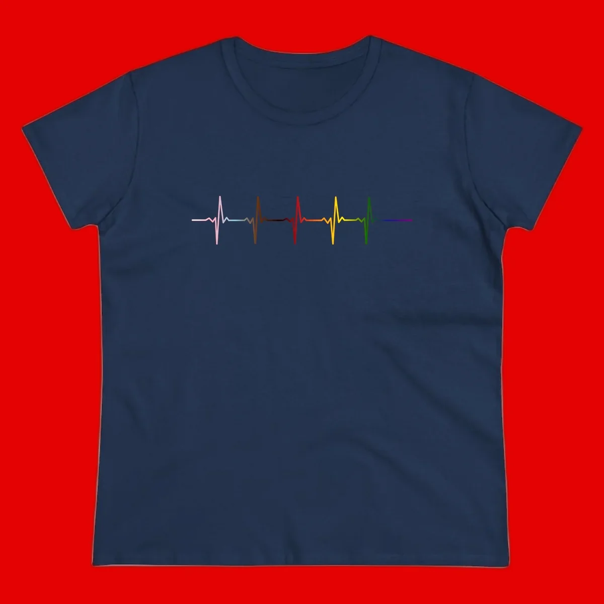 Rainbow heartbeat EKG waveform with each pulse peak in different pride colors including pink, red, yellow, green, and blue