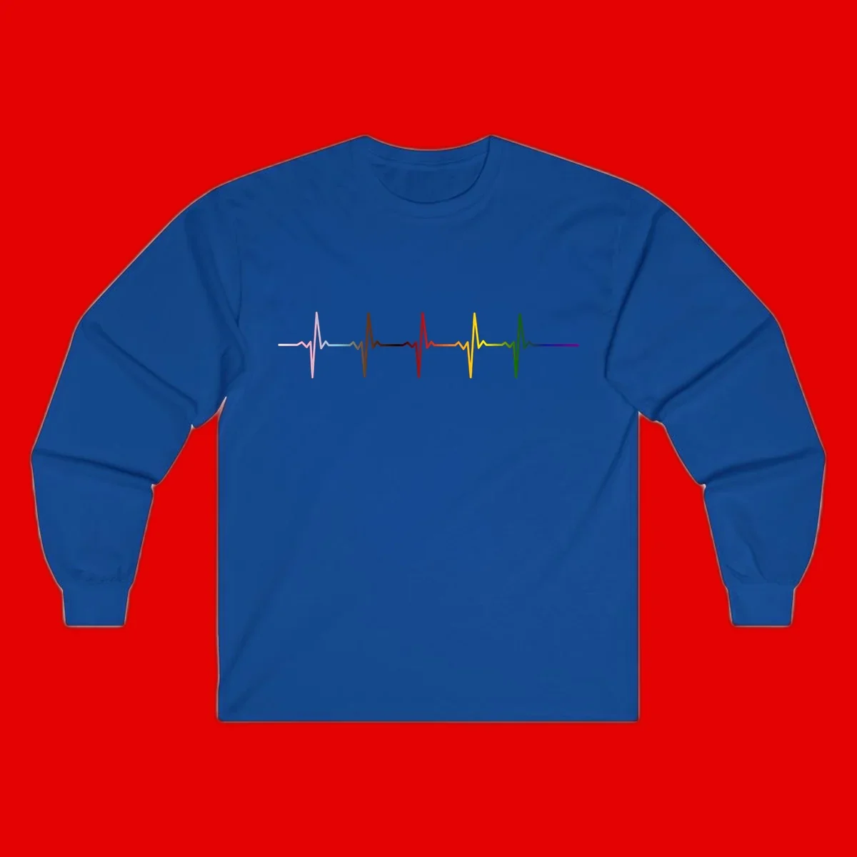 Rainbow heartbeat EKG waveform with each pulse peak in different pride colors including pink, red, yellow, green, and blue