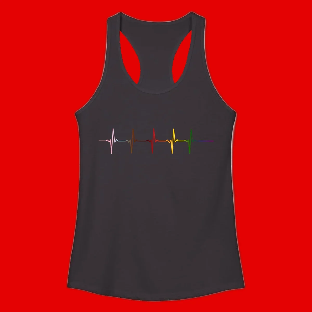 Rainbow heartbeat EKG waveform with each pulse peak in different pride colors including pink, red, yellow, green, and blue