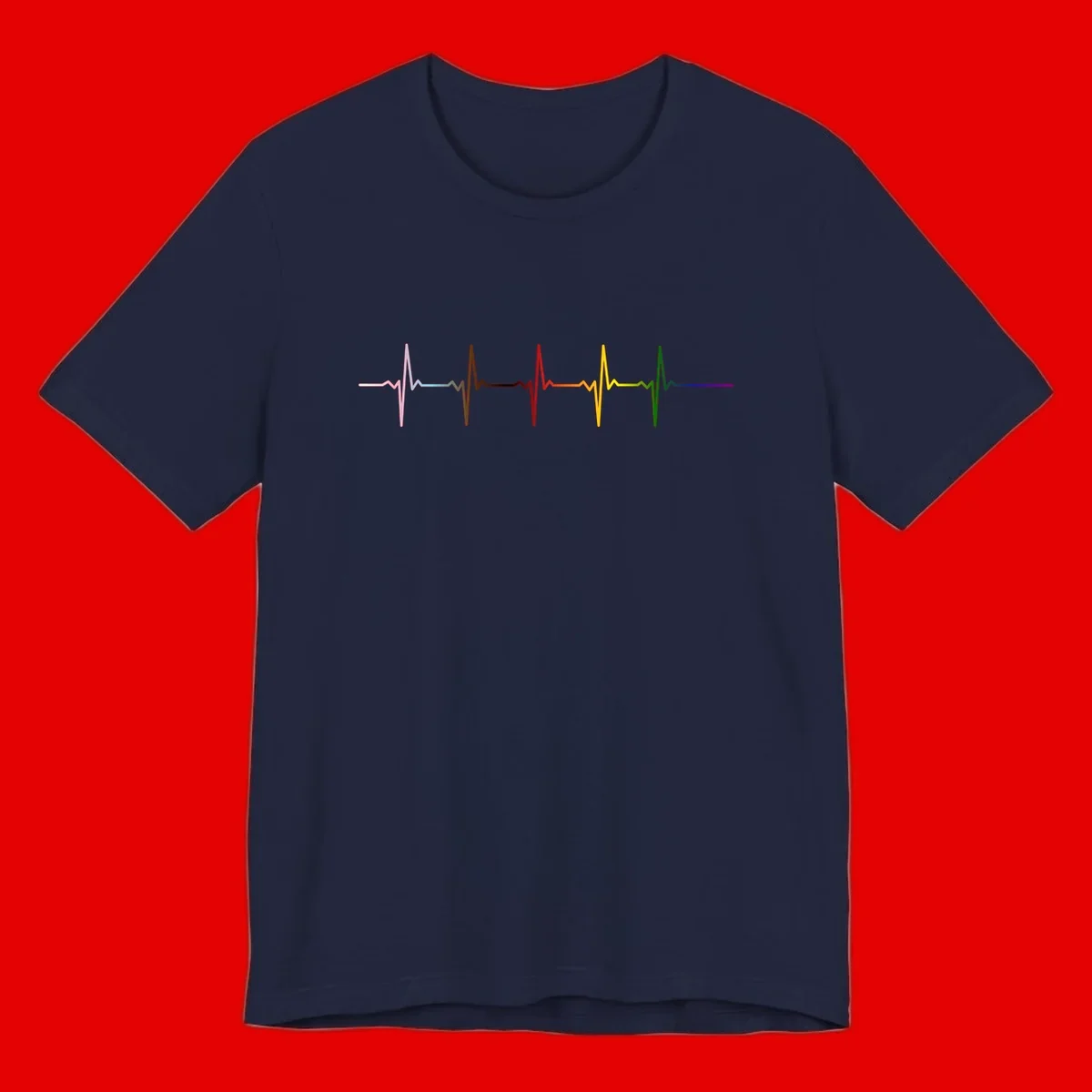 Rainbow heartbeat EKG waveform with each pulse peak in different pride colors including pink, red, yellow, green, and blue