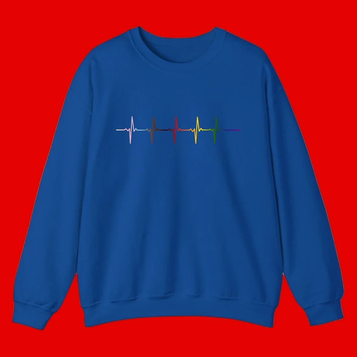 Rainbow heartbeat EKG waveform with each pulse peak in different pride colors including pink, red, yellow, green, and blue