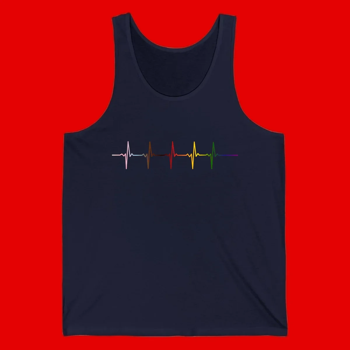 Rainbow heartbeat EKG waveform with each pulse peak in different pride colors including pink, red, yellow, green, and blue