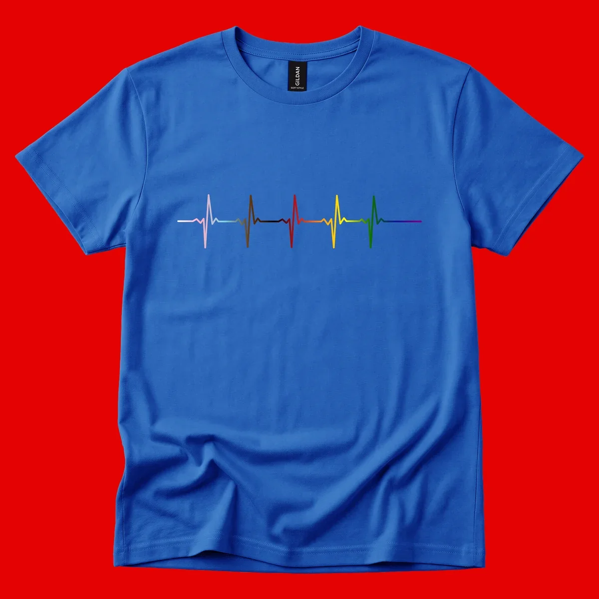 Rainbow heartbeat EKG waveform with each pulse peak in different pride colors including pink, red, yellow, green, and blue