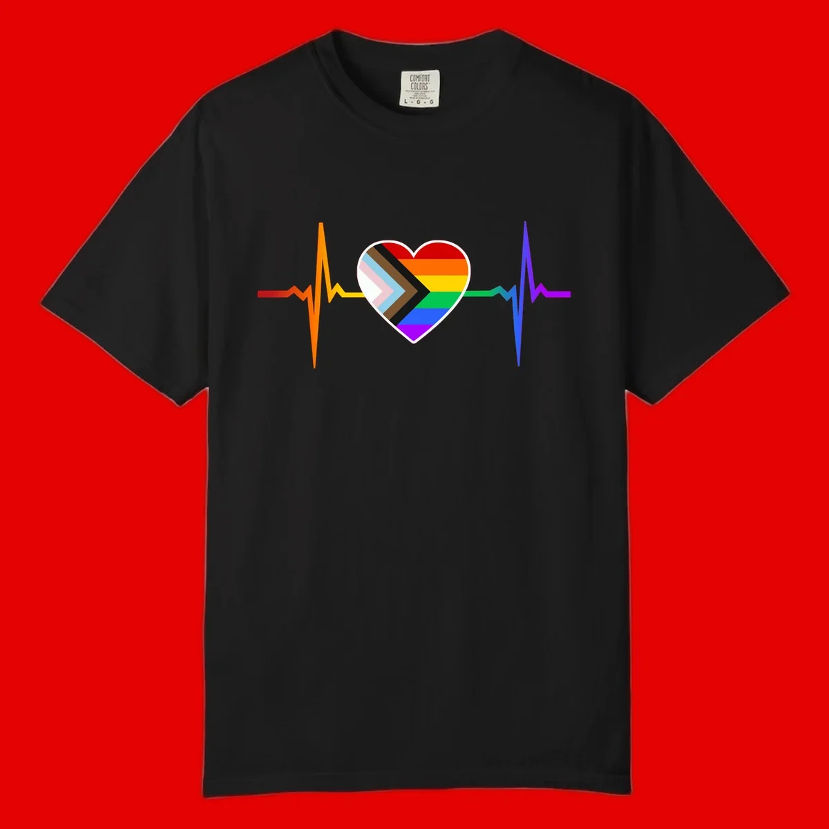 Progress pride heartbeat design featuring a rainbow heart with progress chevron arrow and electrocardiogram pulse line
