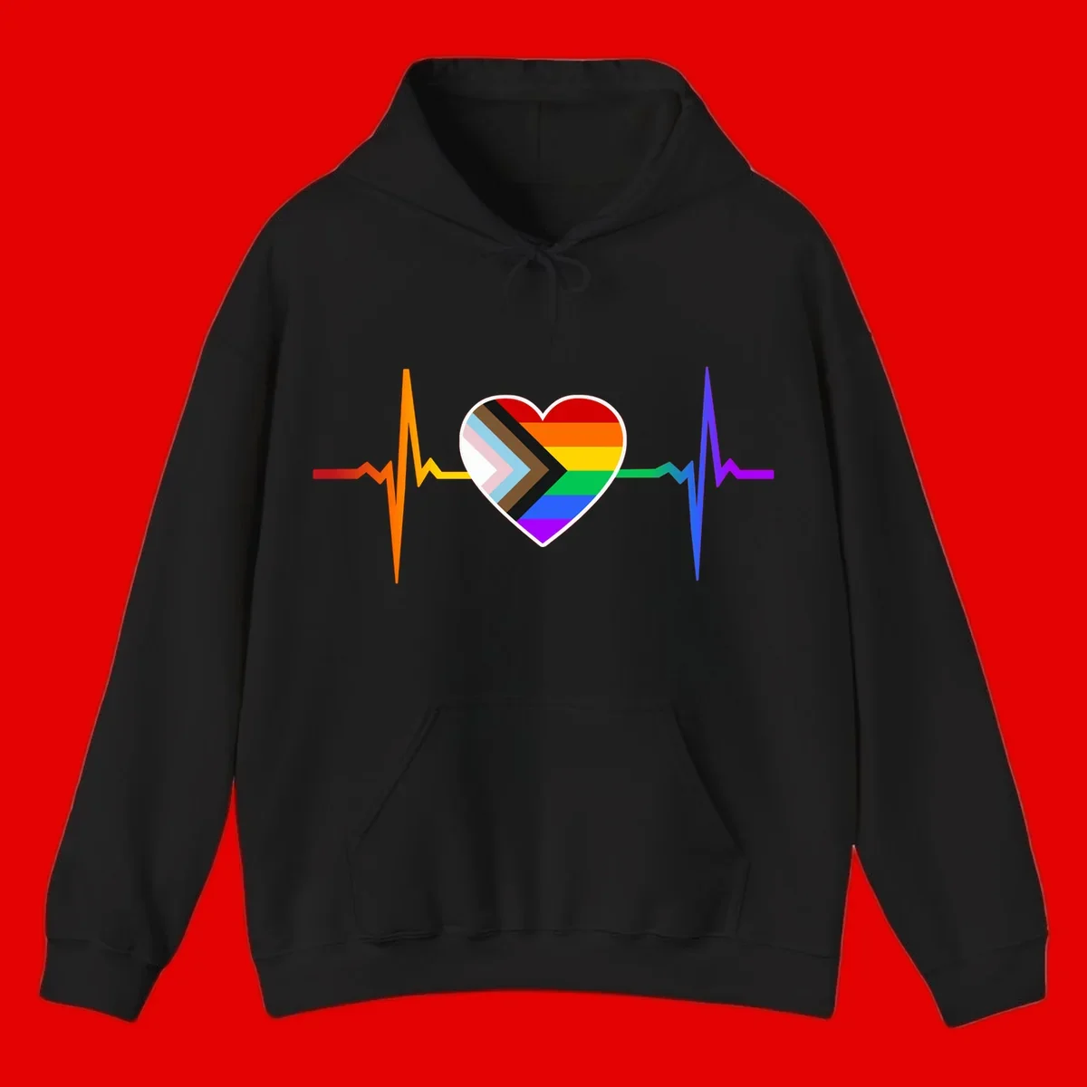 Progress pride heartbeat design featuring a rainbow heart with progress chevron arrow and electrocardiogram pulse line