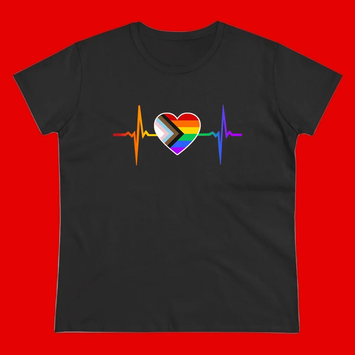 Progress pride heartbeat design featuring a rainbow heart with progress chevron arrow and electrocardiogram pulse line