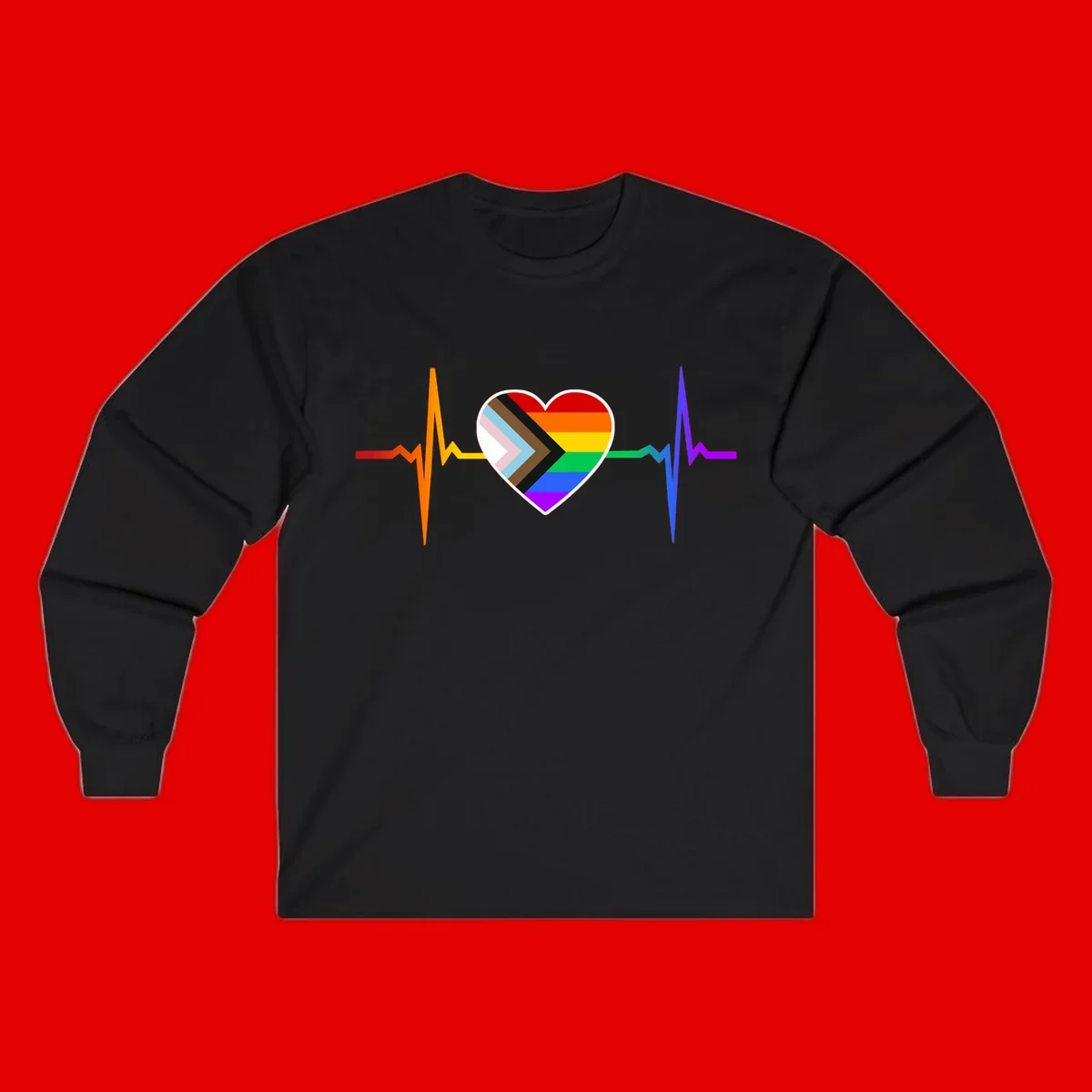 Progress pride heartbeat design featuring a rainbow heart with progress chevron arrow and electrocardiogram pulse line