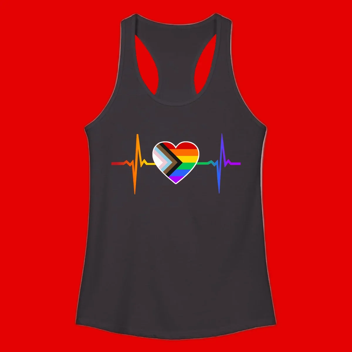 Progress pride heartbeat design featuring a rainbow heart with progress chevron arrow and electrocardiogram pulse line