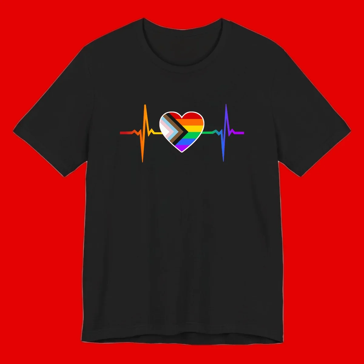 Progress pride heartbeat design featuring a rainbow heart with progress chevron arrow and electrocardiogram pulse line