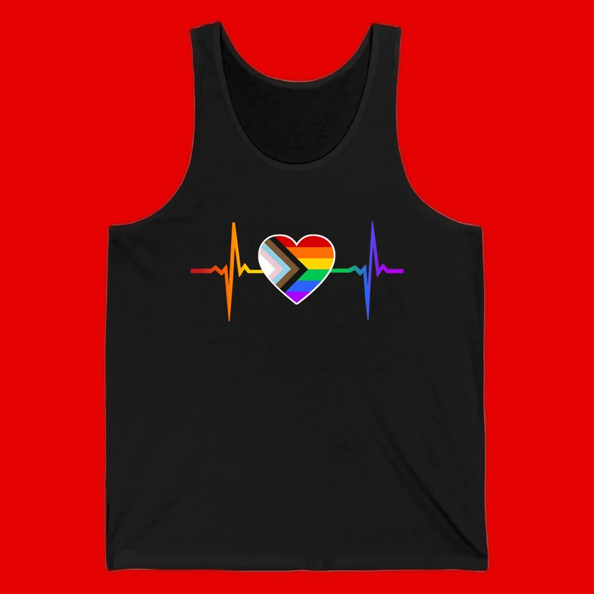 Progress pride heartbeat design featuring a rainbow heart with progress chevron arrow and electrocardiogram pulse line