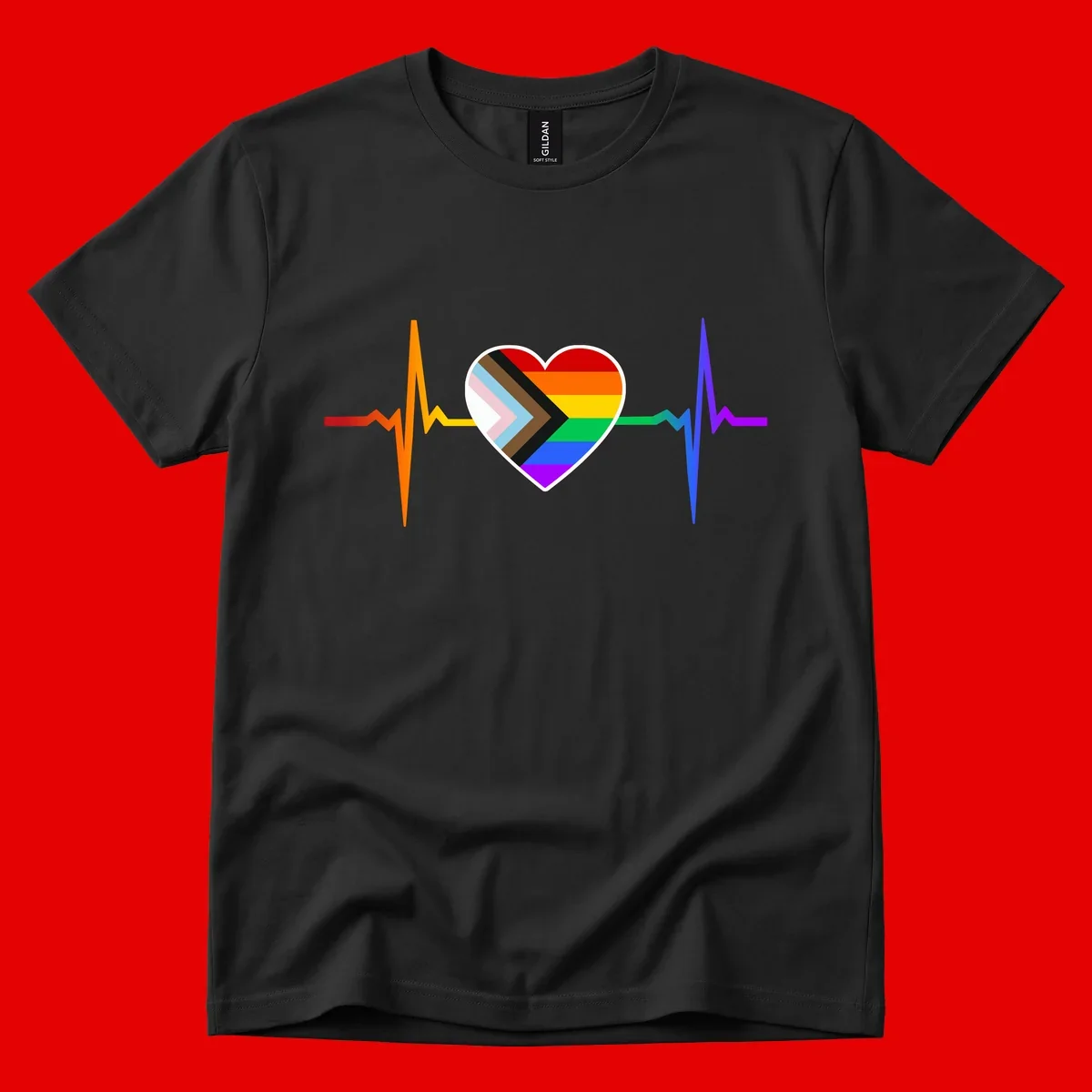 Progress pride heartbeat design featuring a rainbow heart with progress chevron arrow and electrocardiogram pulse line